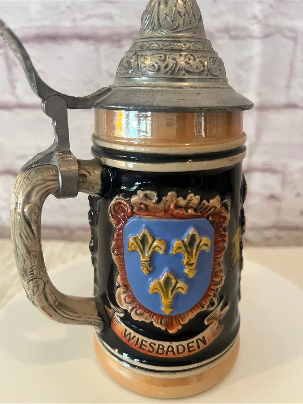 German Beer Stein made in West Germany with three shields Heidelburg, Wiesbaden